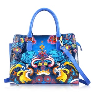 Sukriti Blue Genuine Leather Hand Painted Tooled Satchel Bag