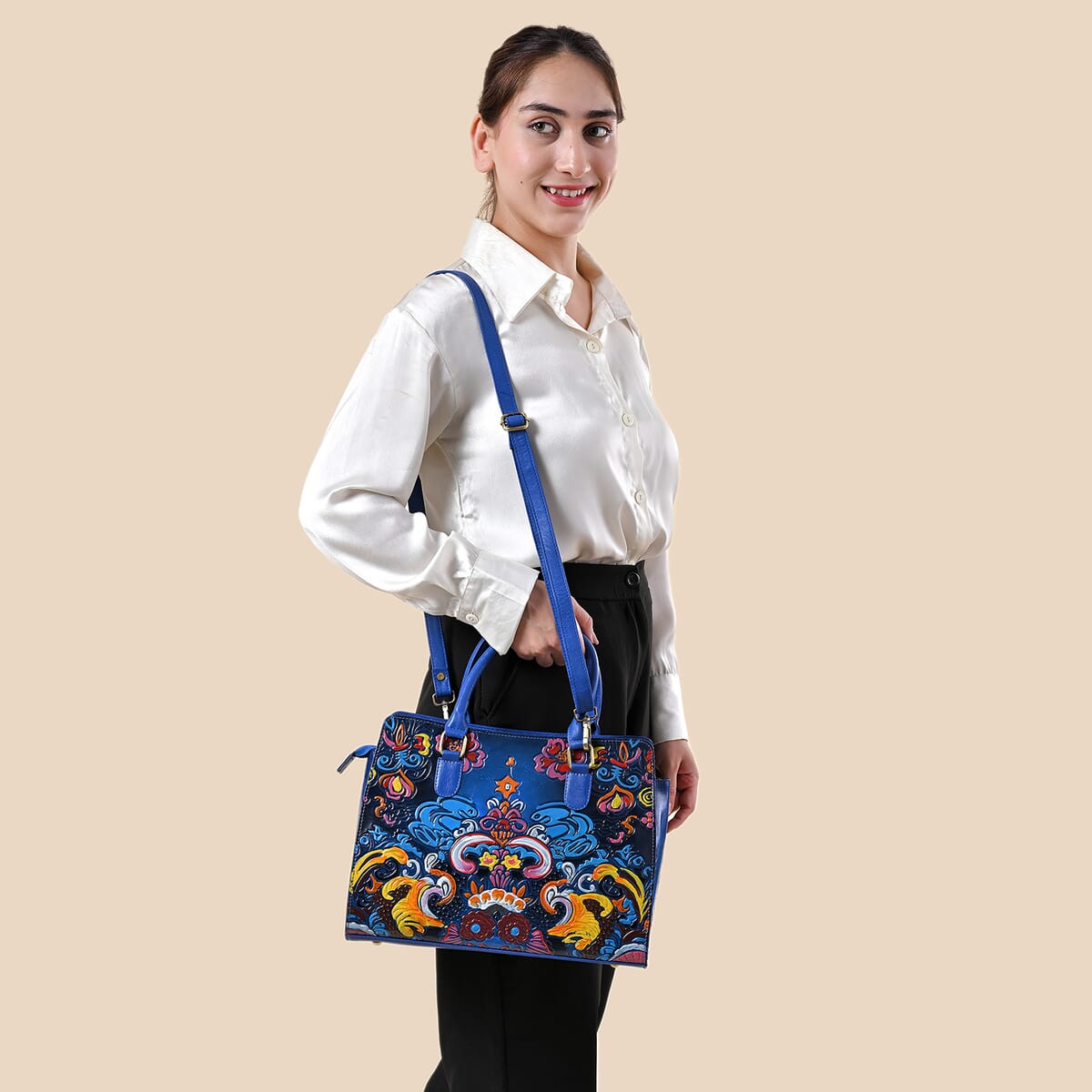 Sukriti Blue Genuine Leather Hand Painted Tooled Satchel Bag image number 1