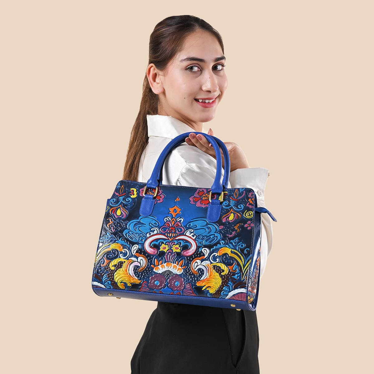 Sukriti Blue Genuine Leather Hand Painted Tooled Satchel Bag image number 3