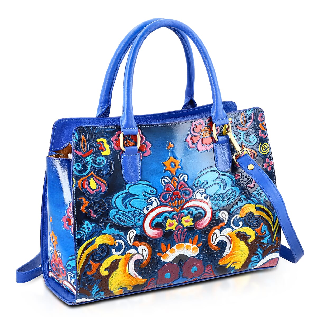 Sukriti Blue Genuine Leather Hand Painted Tooled Satchel Bag image number 5