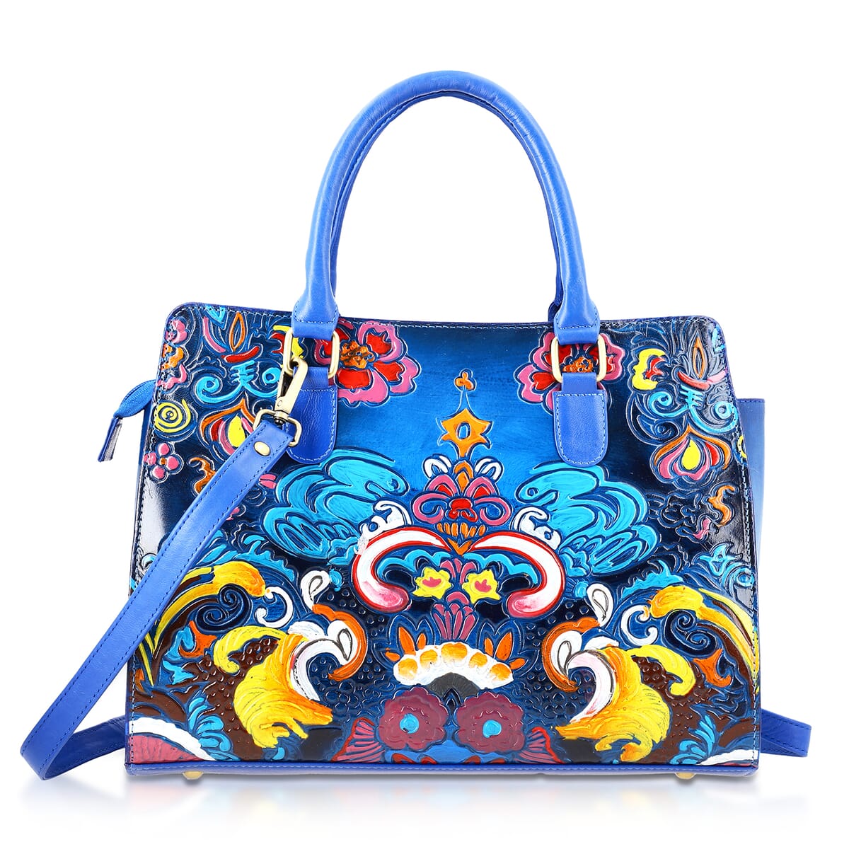 Sukriti Blue Genuine Leather Hand Painted Tooled Satchel Bag image number 7