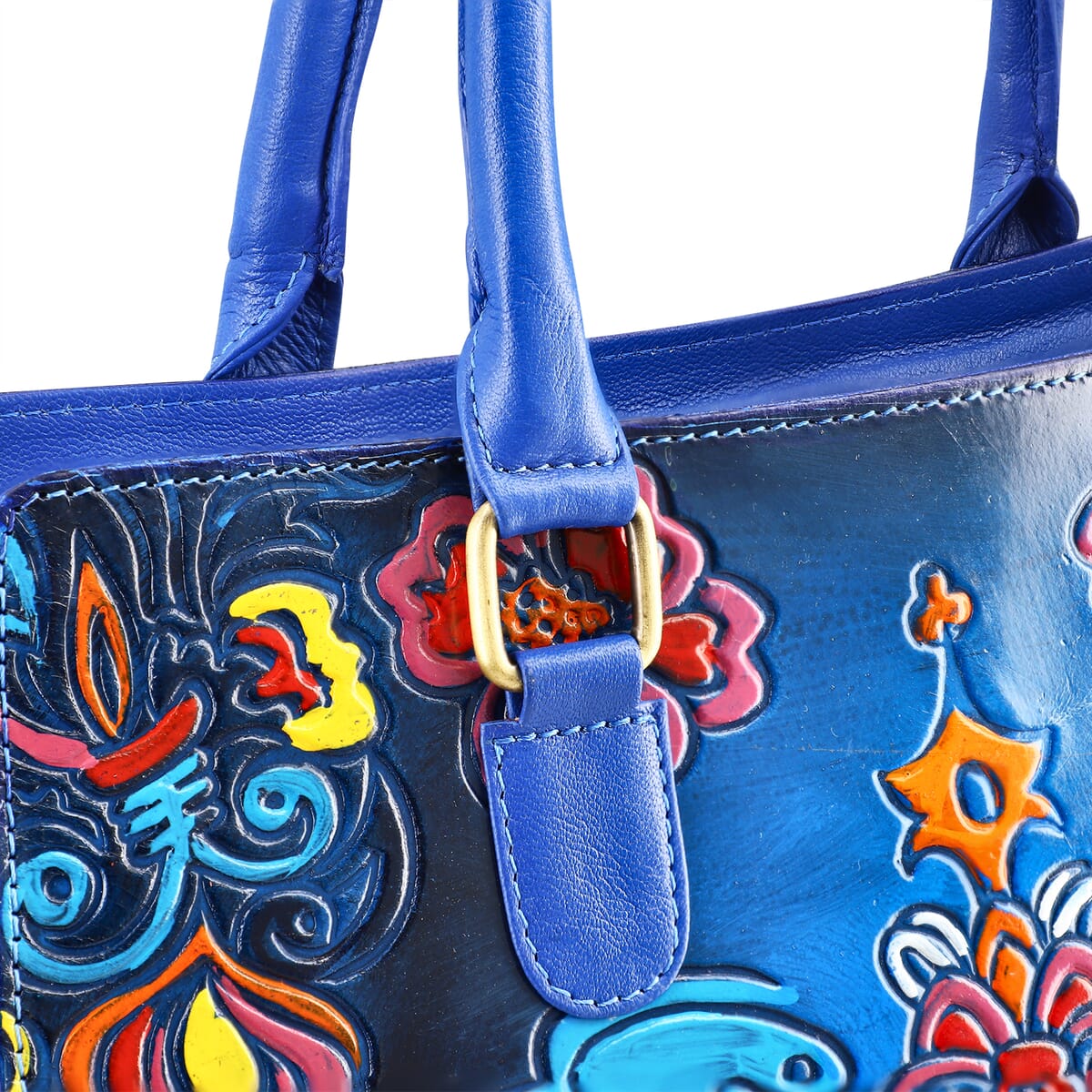 Sukriti Blue Genuine Leather Hand Painted Tooled Satchel Bag image number 9