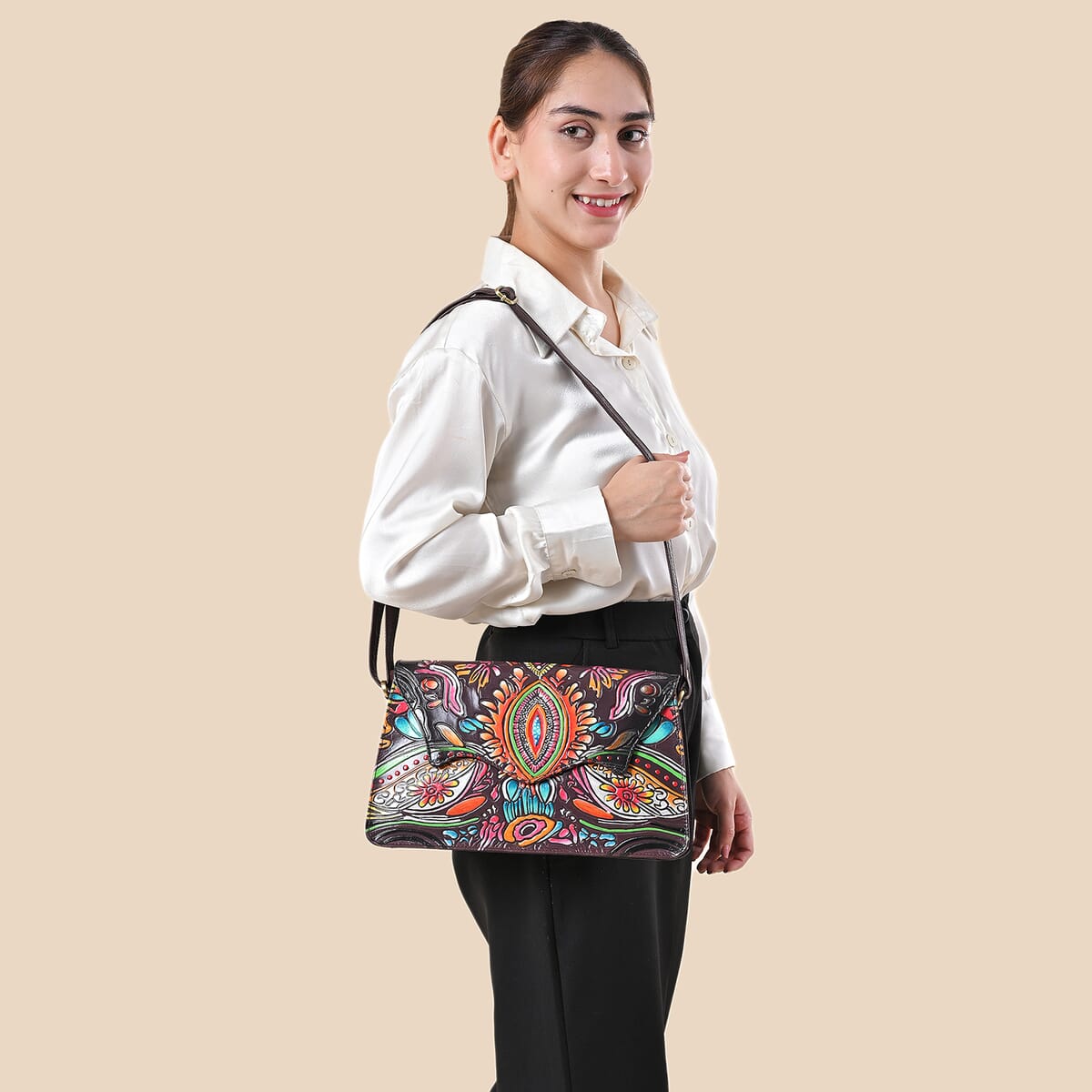 Sukriti Maroon Genuine Leather Hand Painted Tooled Crossbody Bag image number 1