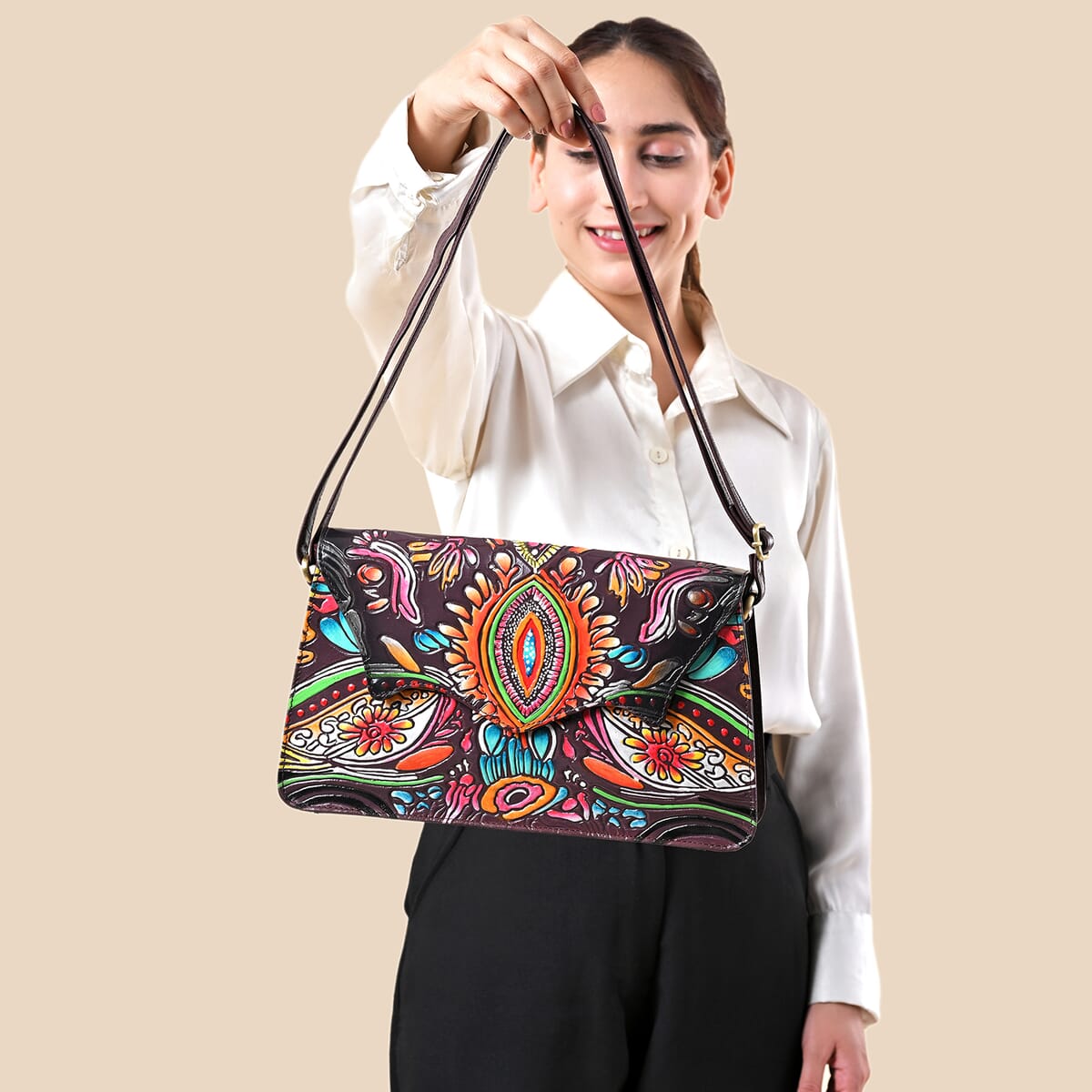 Sukriti Maroon Genuine Leather Hand Painted Tooled Crossbody Bag image number 3