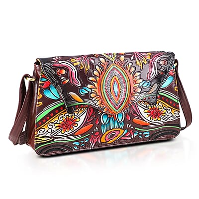 La Marey Maroon Genuine Leather Hand Painted Tooled Crossbody Bag