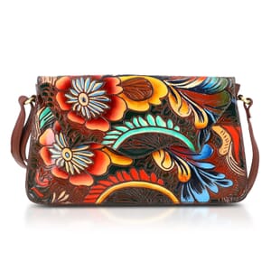 Sukriti Brown Genuine Leather Hand Painted Tooled Crossbody Bag 