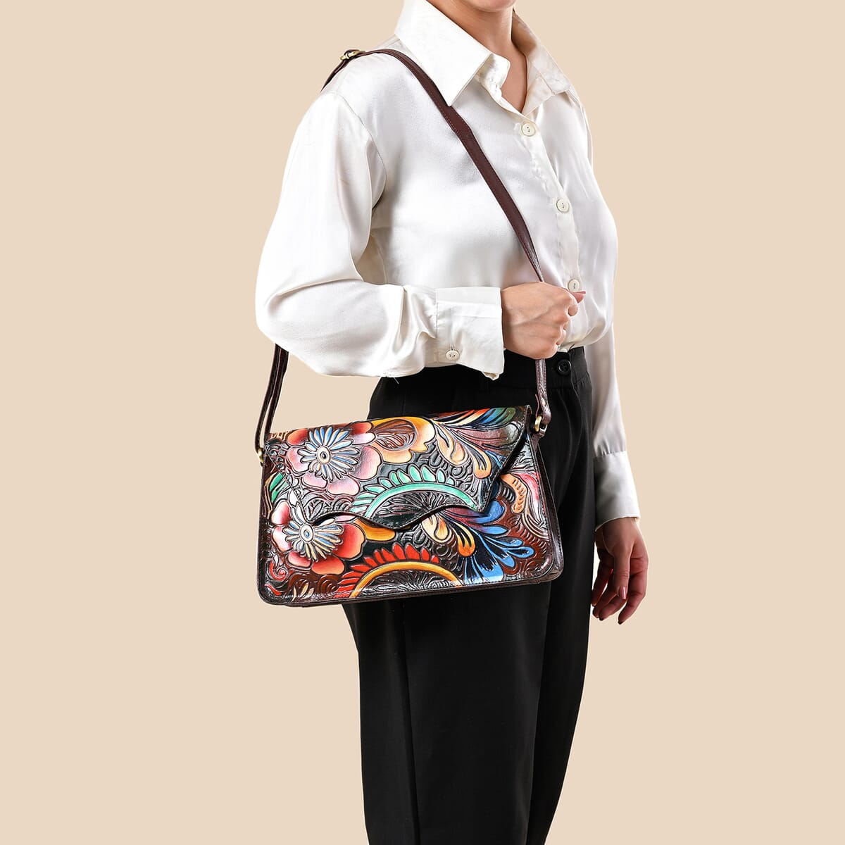 Sukriti Brown Genuine Leather Hand Painted Tooled Crossbody Bag  image number 1