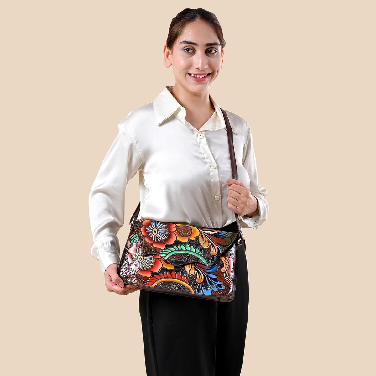 Sukriti Brown Genuine Leather Hand Painted Tooled Crossbody Bag  image number 2