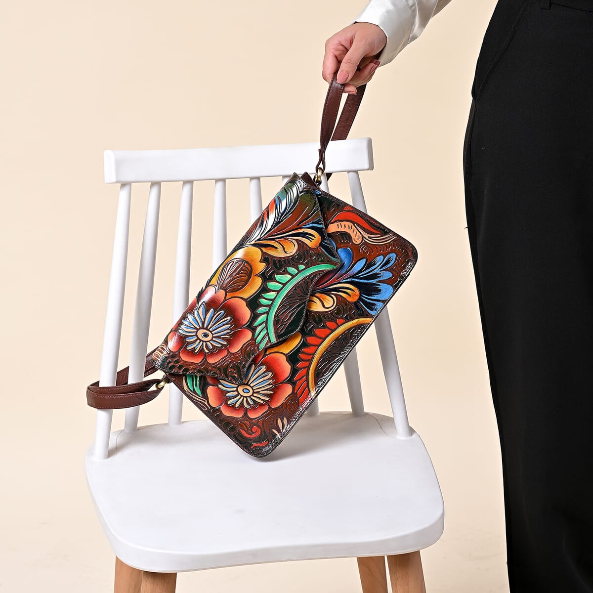Sukriti Brown Genuine Leather Hand Painted Tooled Crossbody Bag  image number 3