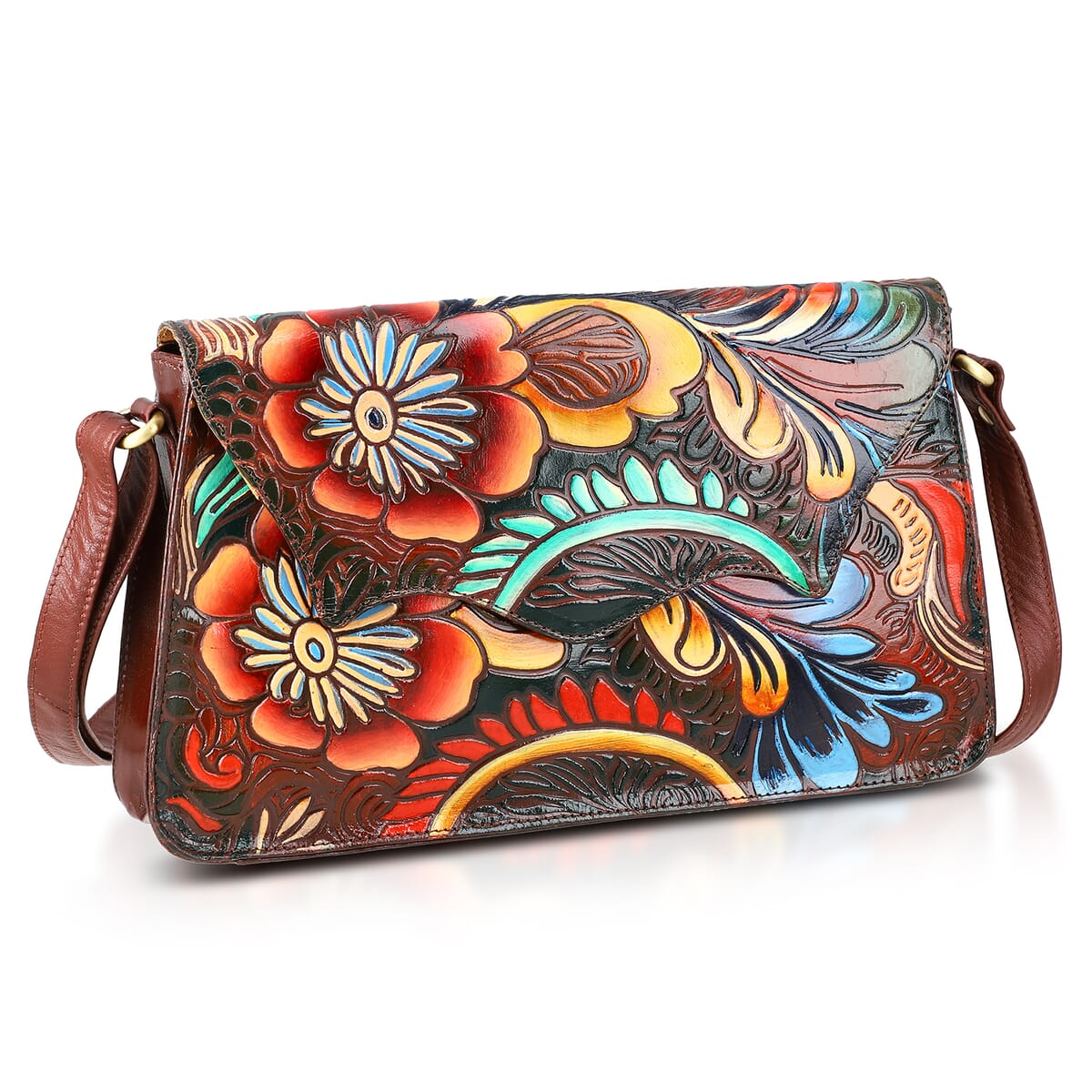 Sukriti Brown Genuine Leather Hand Painted Tooled Crossbody Bag  image number 4