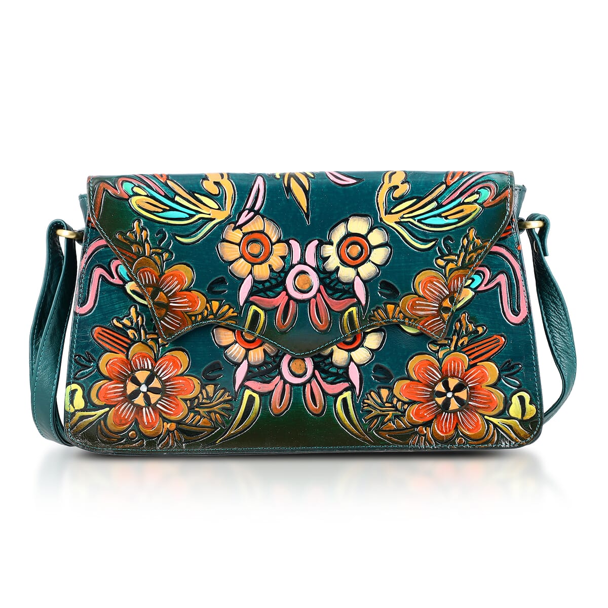Sukriti Green Genuine Leather Hand Painted Tooled Crossbody Bag  image number 0