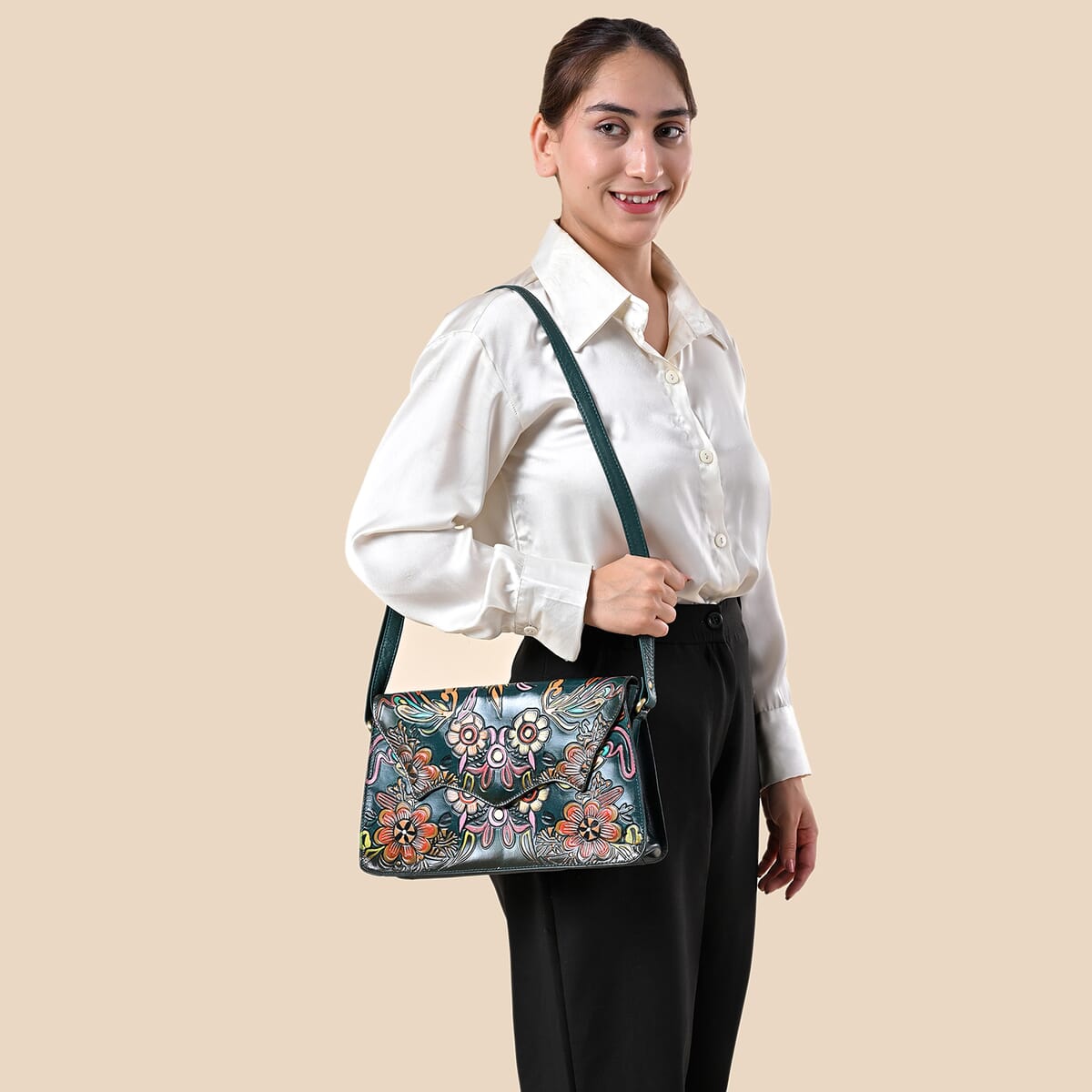 Sukriti Green Genuine Leather Hand Painted Tooled Crossbody Bag  image number 1