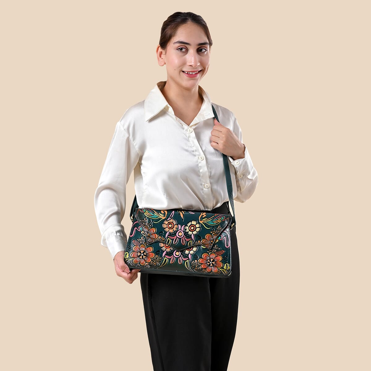 Sukriti Green Genuine Leather Hand Painted Tooled Crossbody Bag  image number 2