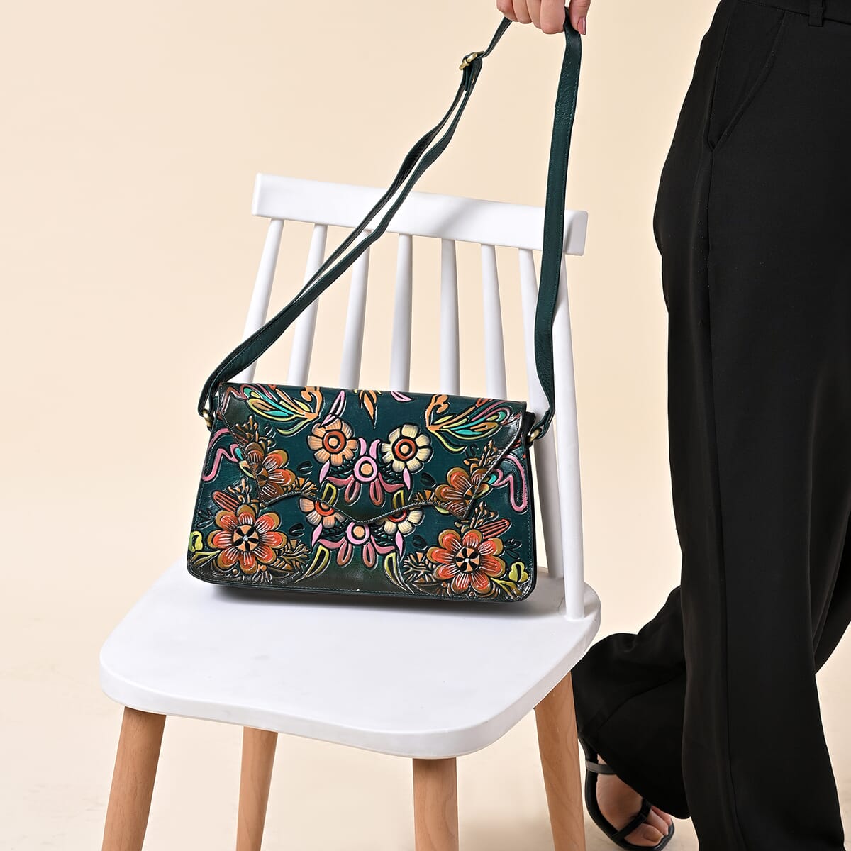 Sukriti Green Genuine Leather Hand Painted Tooled Crossbody Bag  image number 3