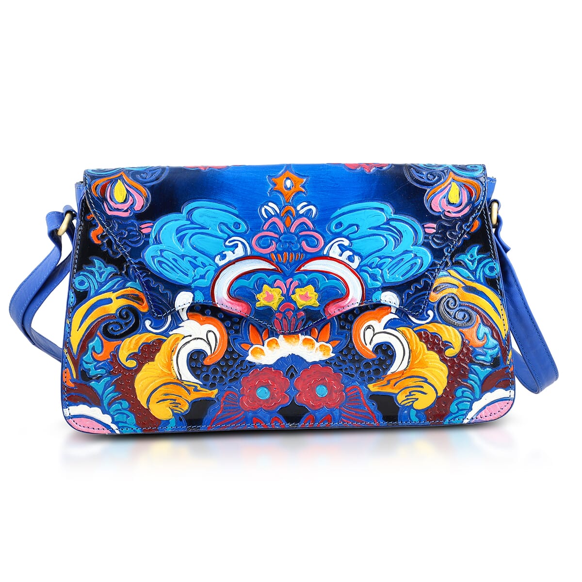 Sukriti Blue Genuine Leather Hand Painted Tooled Crossbody Bag image number 0