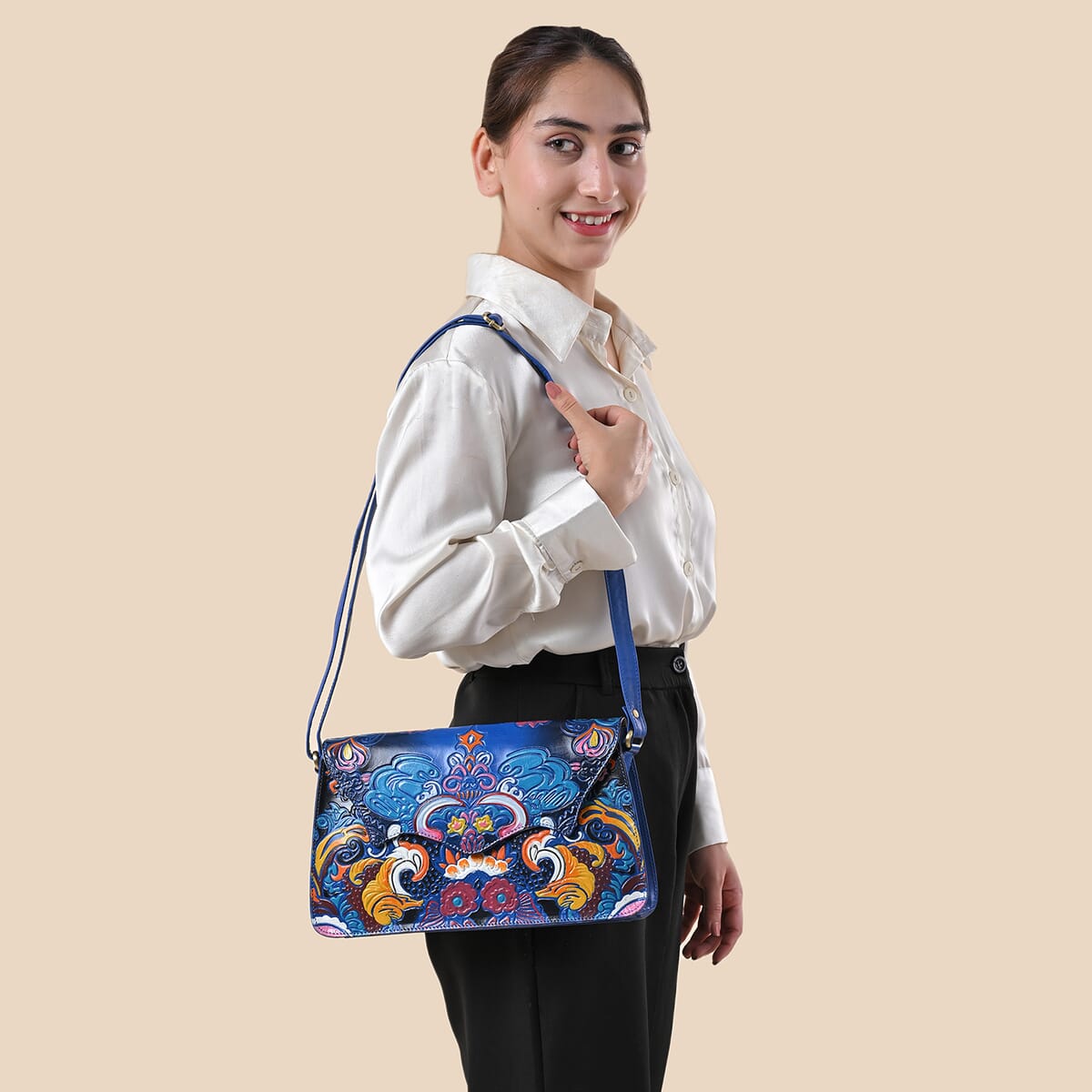 Sukriti Blue Genuine Leather Hand Painted Tooled Crossbody Bag image number 1