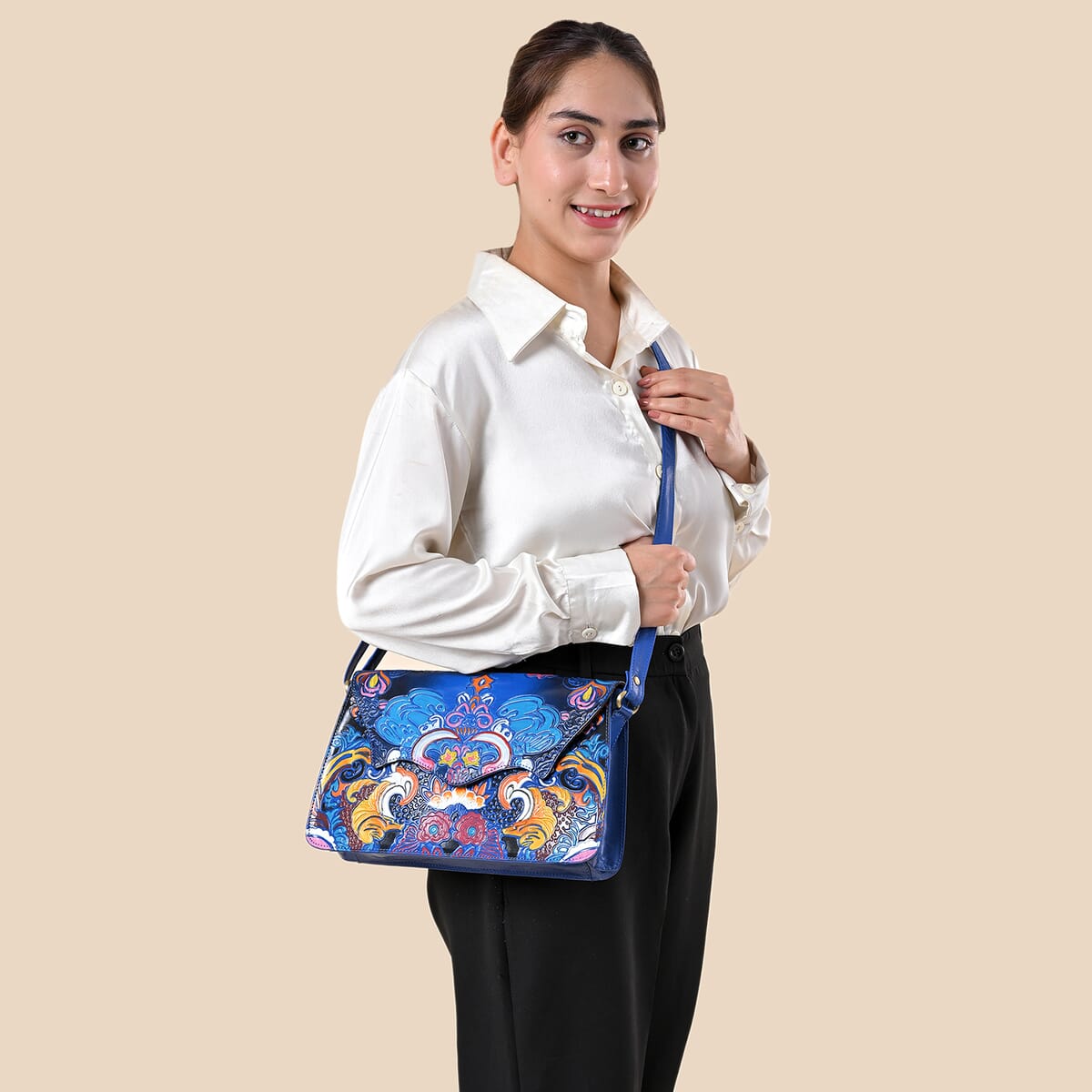 Sukriti Blue Genuine Leather Hand Painted Tooled Crossbody Bag image number 3
