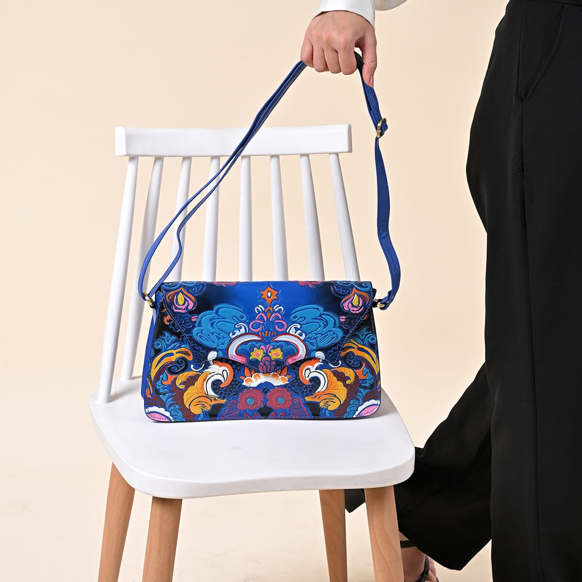 Sukriti Blue Genuine Leather Hand Painted Tooled Crossbody Bag image number 4