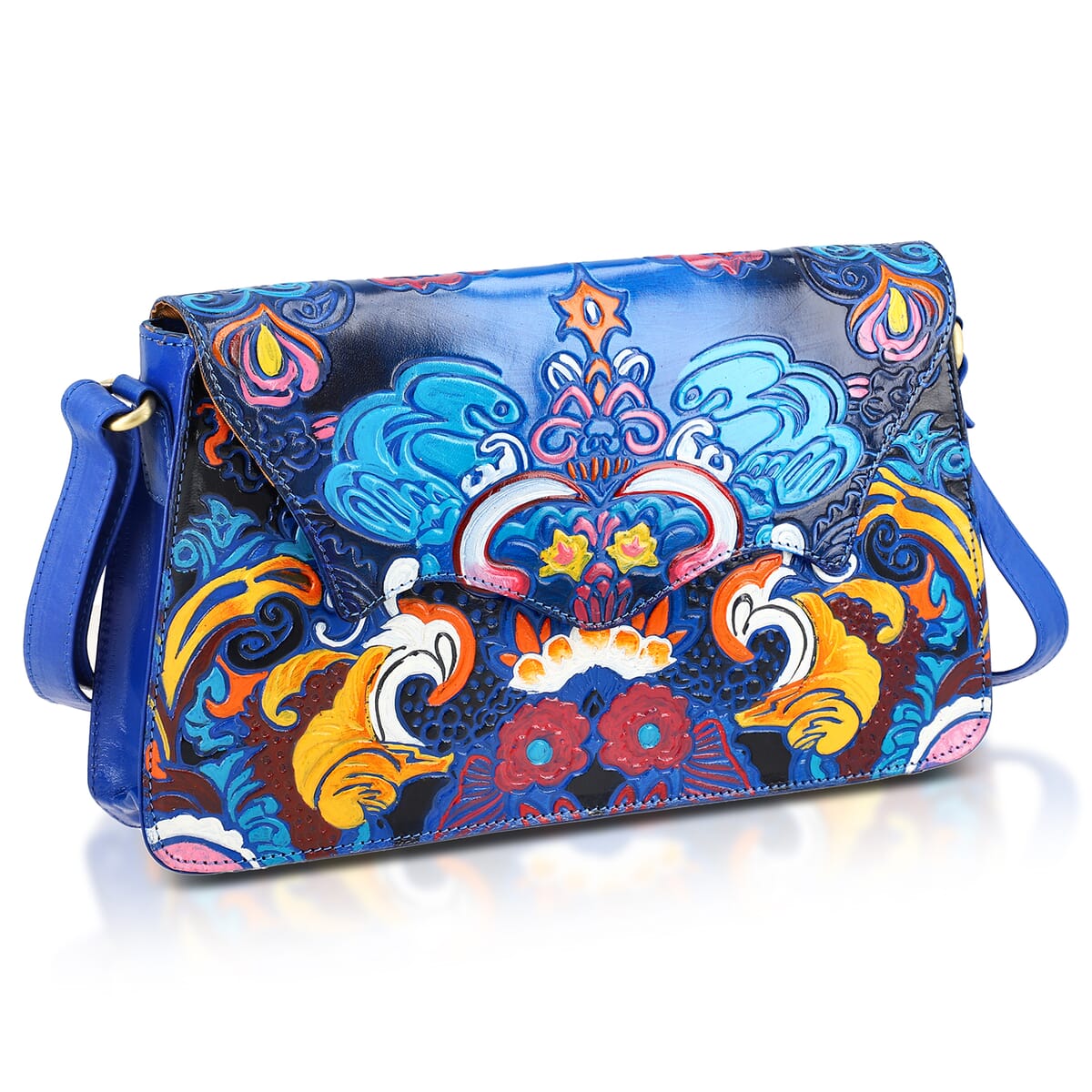 Sukriti Blue Genuine Leather Hand Painted Tooled Crossbody Bag image number 5
