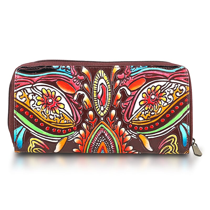 La Marey Maroon RFID Protected Tooled Leather Women's Wallet