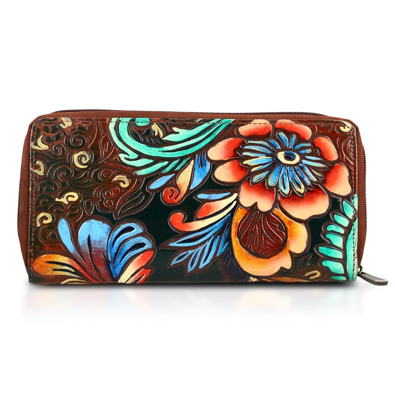 La Marey Brown RFID Protected Tooled Leather Women's Wallet