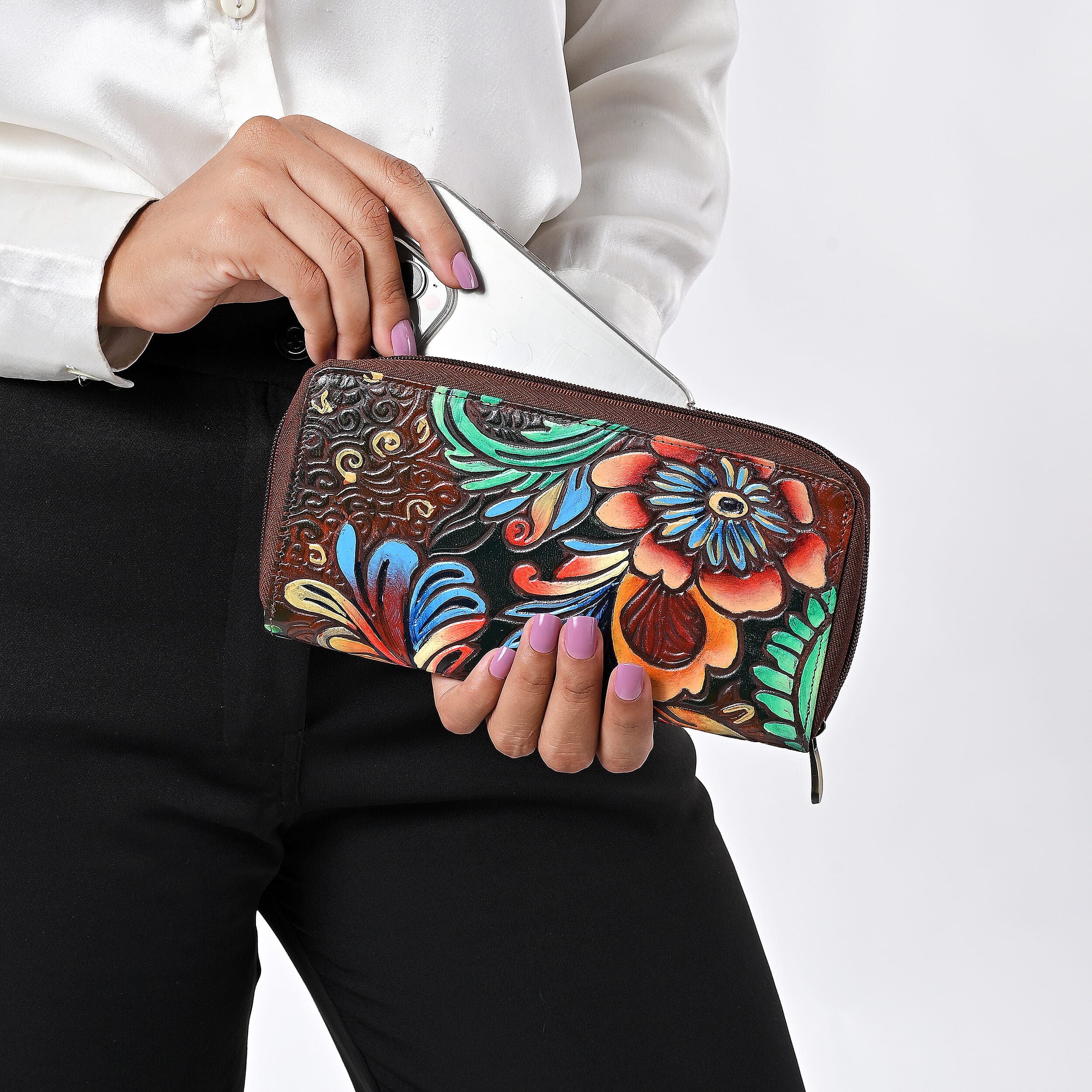 La Marey Brown RFID Protected Tooled Leather Women's Wallet