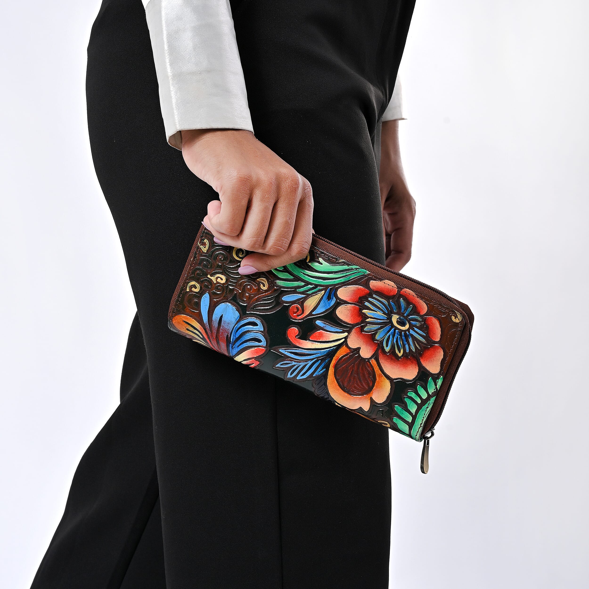 La Marey Brown RFID Protected Tooled Leather Women's Wallet