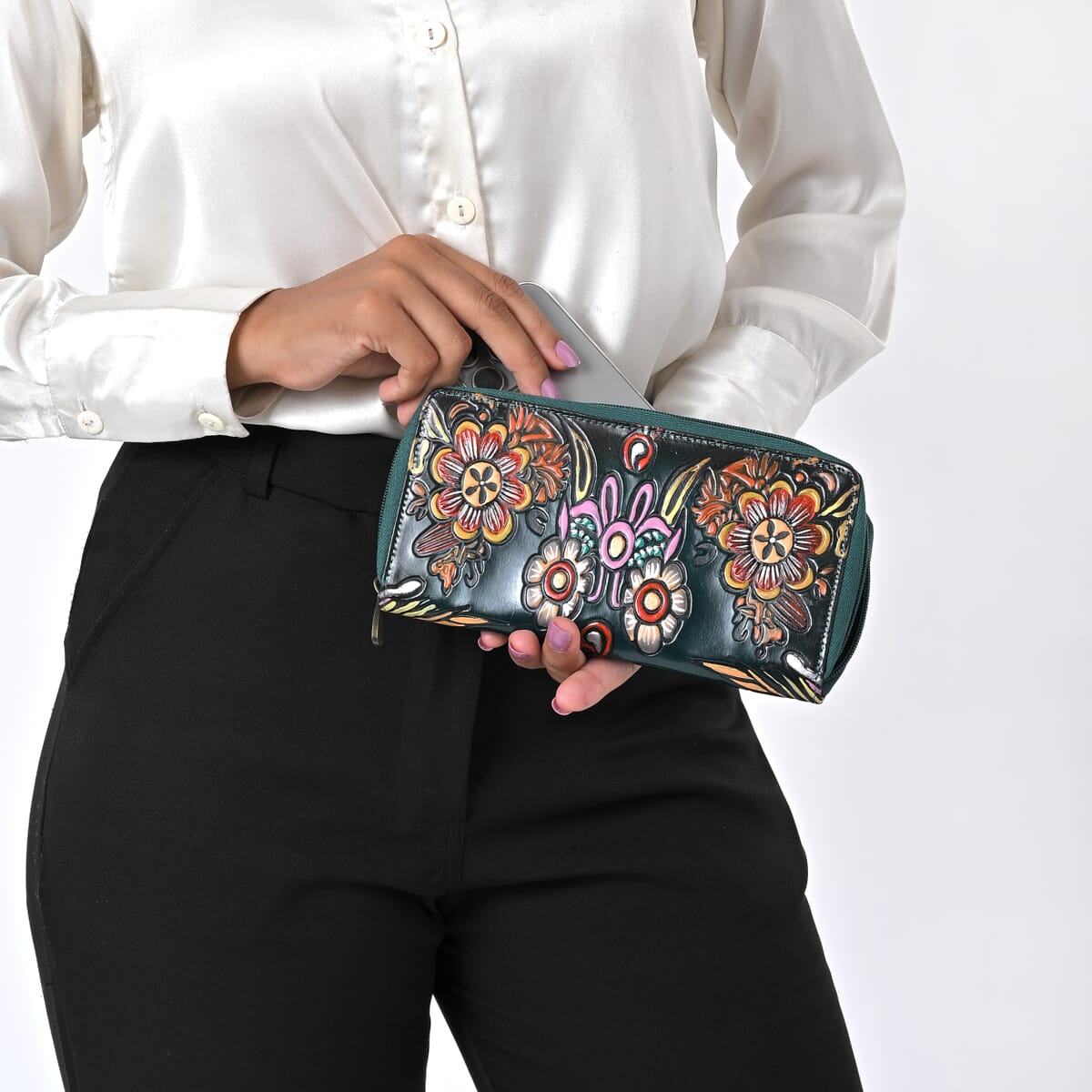 Sukriti Green RFID Protected Tooled Leather Women's Wallet image number 1
