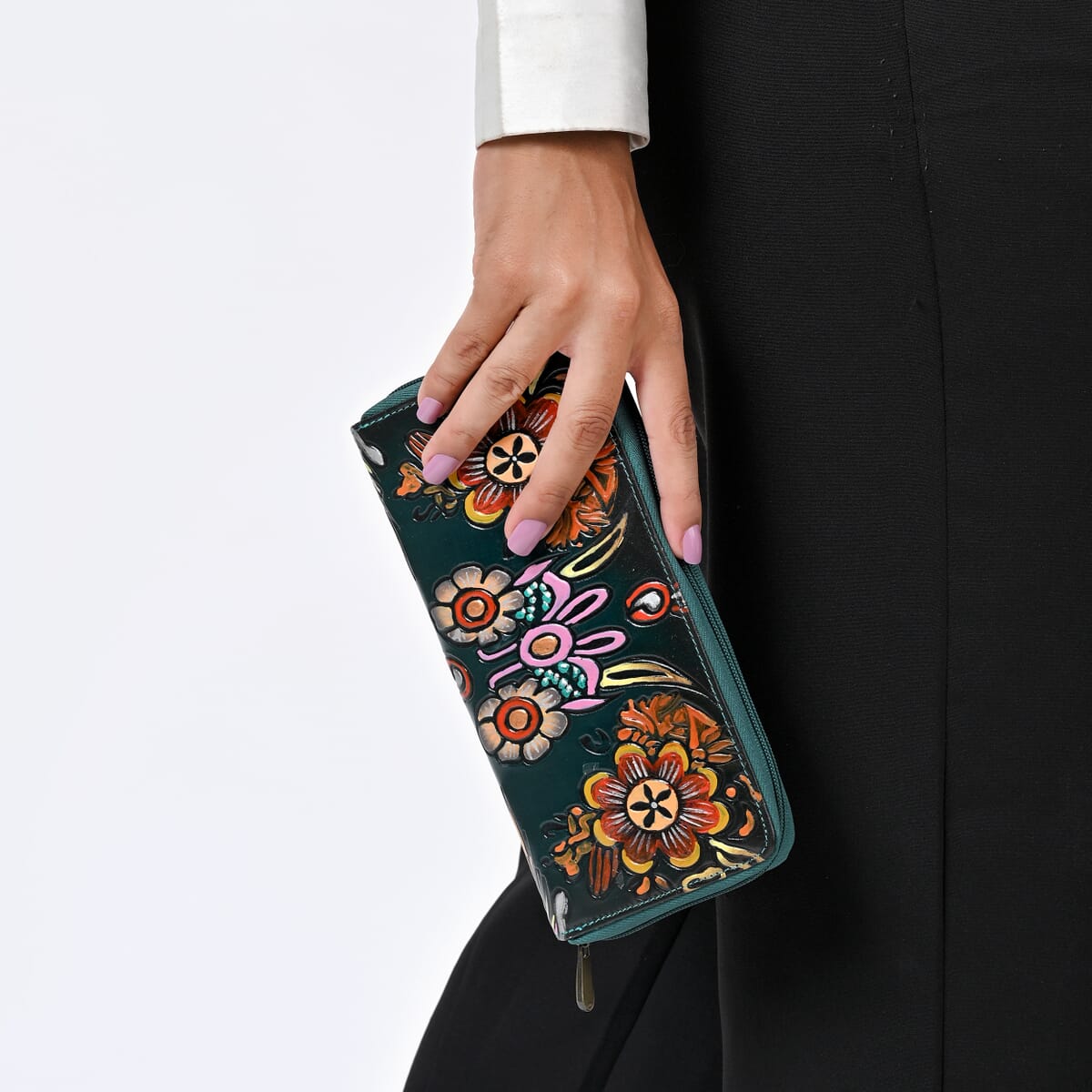 Sukriti Green RFID Protected Tooled Leather Women's Wallet image number 4