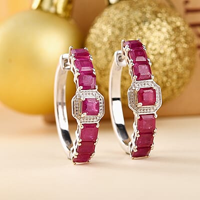 D'Joy Asscher Cut Niassa Ruby (FF) 7.35 ctw Serene Harmony Earrings in Rhodium Over Sterling Silver