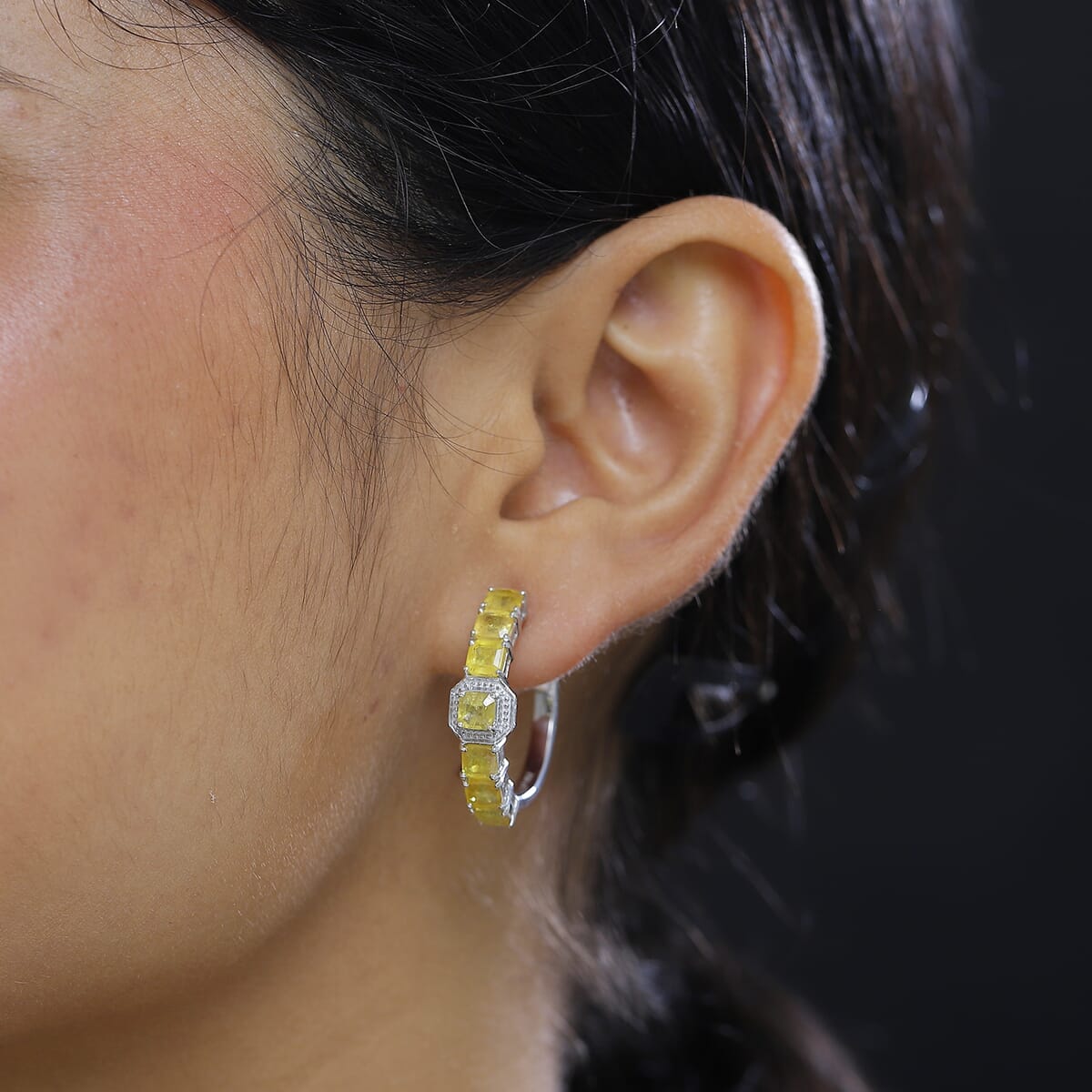 Asscher Cut Yellow Sapphire (FF) 7.70 ctw Serene Harmony Earrings in Rhodium Over Sterling Silver image number 2