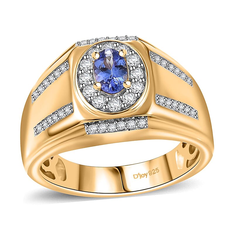 AAA Tanzanite and White Zircon 1.10 ctw Men's Ring in 18K Vermeil Yellow Gold Over Sterling Silver (Size 10.0)