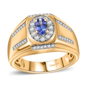 AAA Tanzanite and White Zircon 1.10 ctw Men's Ring in 18K Vermeil Yellow Gold Over Sterling Silver (Size 12.0)