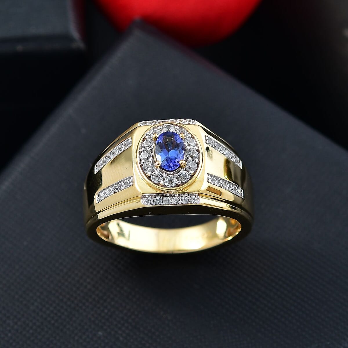 AAA Tanzanite and White Zircon 1.10 ctw Men's Ring in 18K Vermeil Yellow Gold Over Sterling Silver (Size 12.0) image number 1