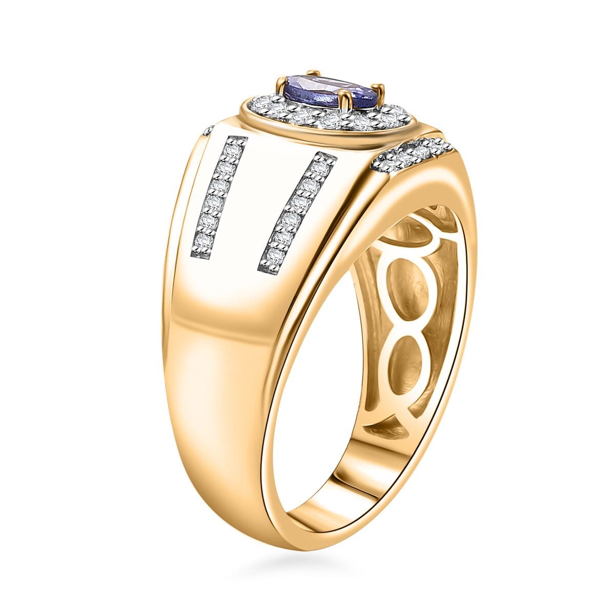 AAA Tanzanite and White Zircon 1.10 ctw Men's Ring in 18K Vermeil Yellow Gold Over Sterling Silver (Size 12.0) image number 3