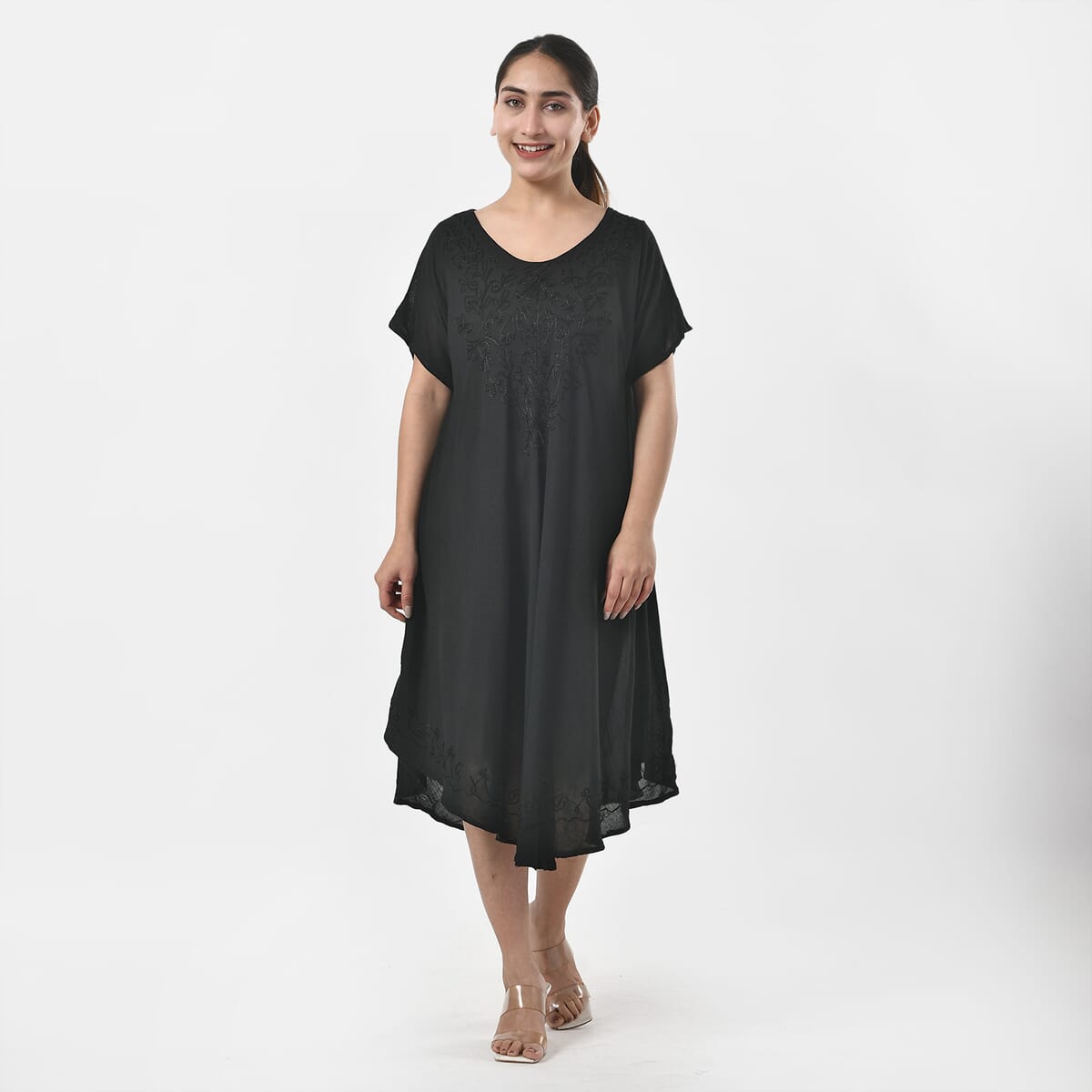 Tamsy Black Embroidered Umbrella Dress with Sleeves and Neck-Tie - One Size Fits Most image number 0