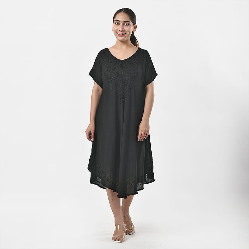 Tamsy Black Embroidered Umbrella Dress with Sleeves and Neck-Tie - One Size Fits Most