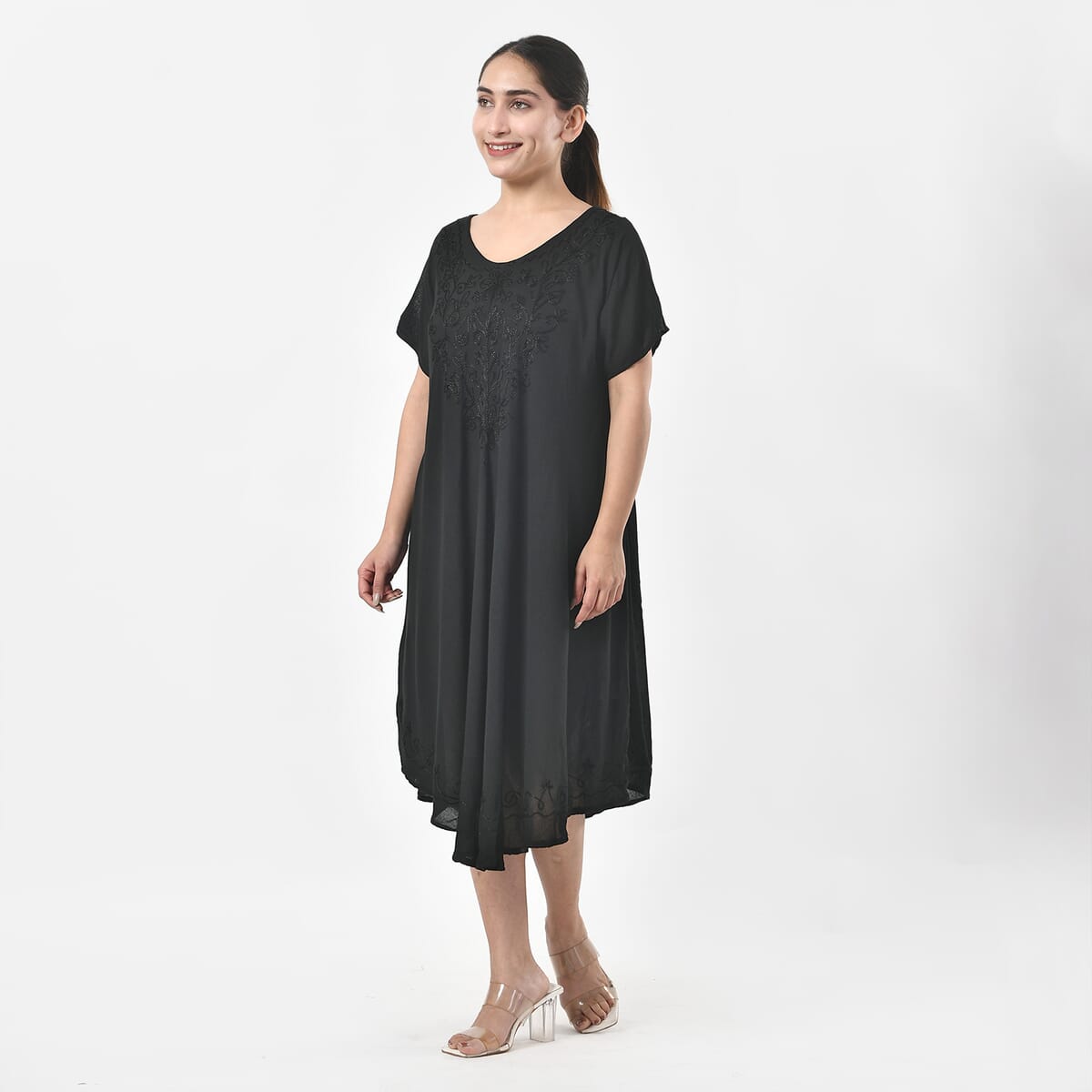 Tamsy Black Embroidered Umbrella Dress with Sleeves and Neck-Tie - One Size Fits Most image number 1
