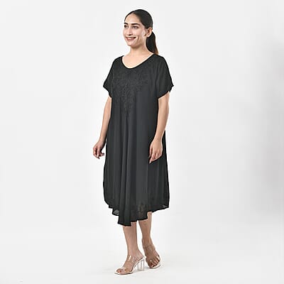 Tamsy Black Embroidered Umbrella Dress with Sleeves and Neck-Tie - One Size Fits Most