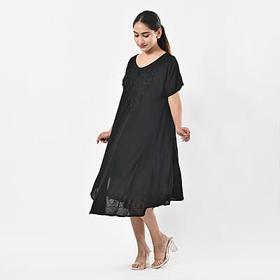 Tamsy Black Embroidered Umbrella Dress with Sleeves and Neck-Tie - One Size Fits Most
