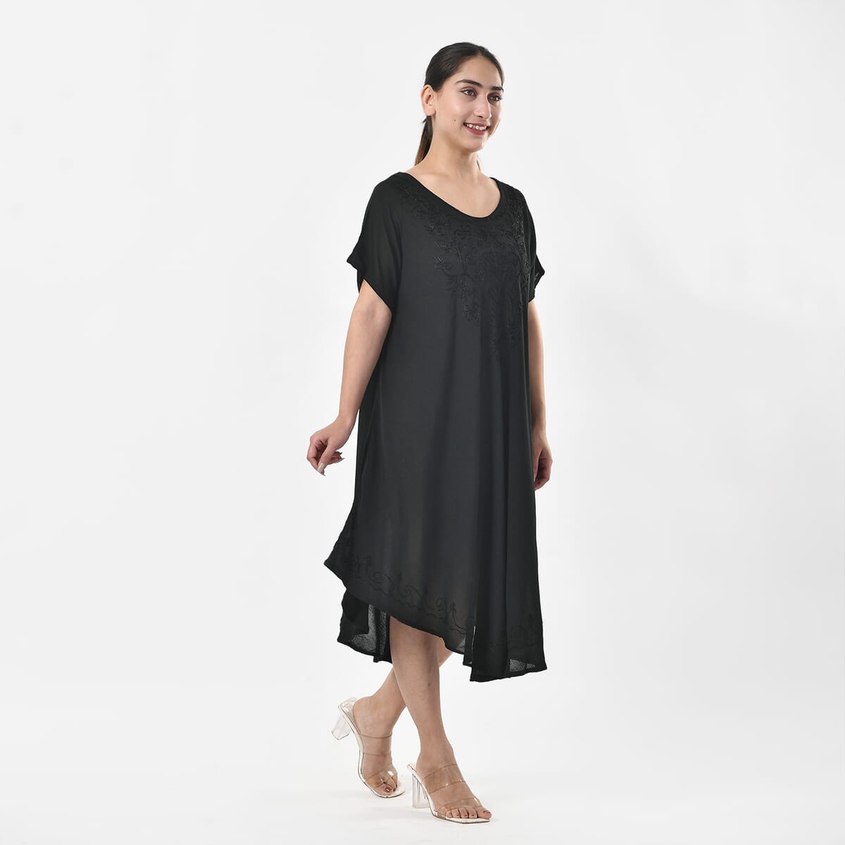 Tamsy Black Embroidered Umbrella Dress with Sleeves and Neck-Tie - One Size Fits Most image number 3