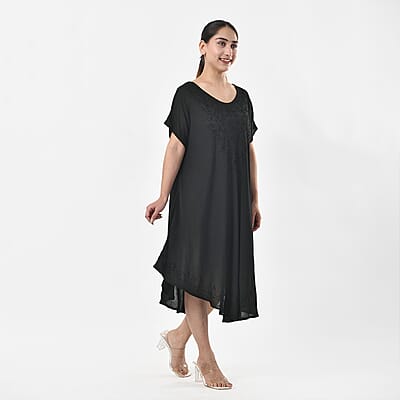 Tamsy Black Embroidered Umbrella Dress with Sleeves and Neck-Tie - One Size Fits Most