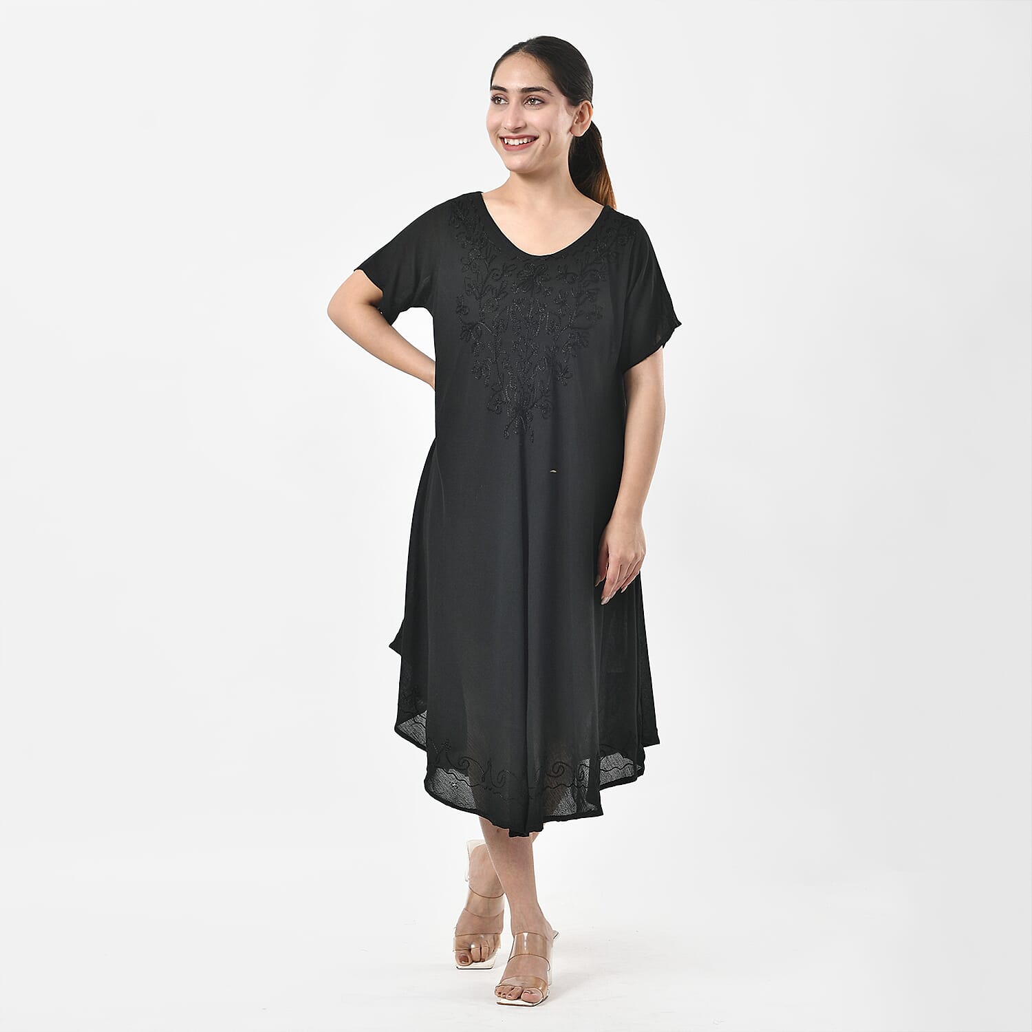 Tamsy Black Embroidered Umbrella Dress with Sleeves and Neck-Tie - One Size Fits Most