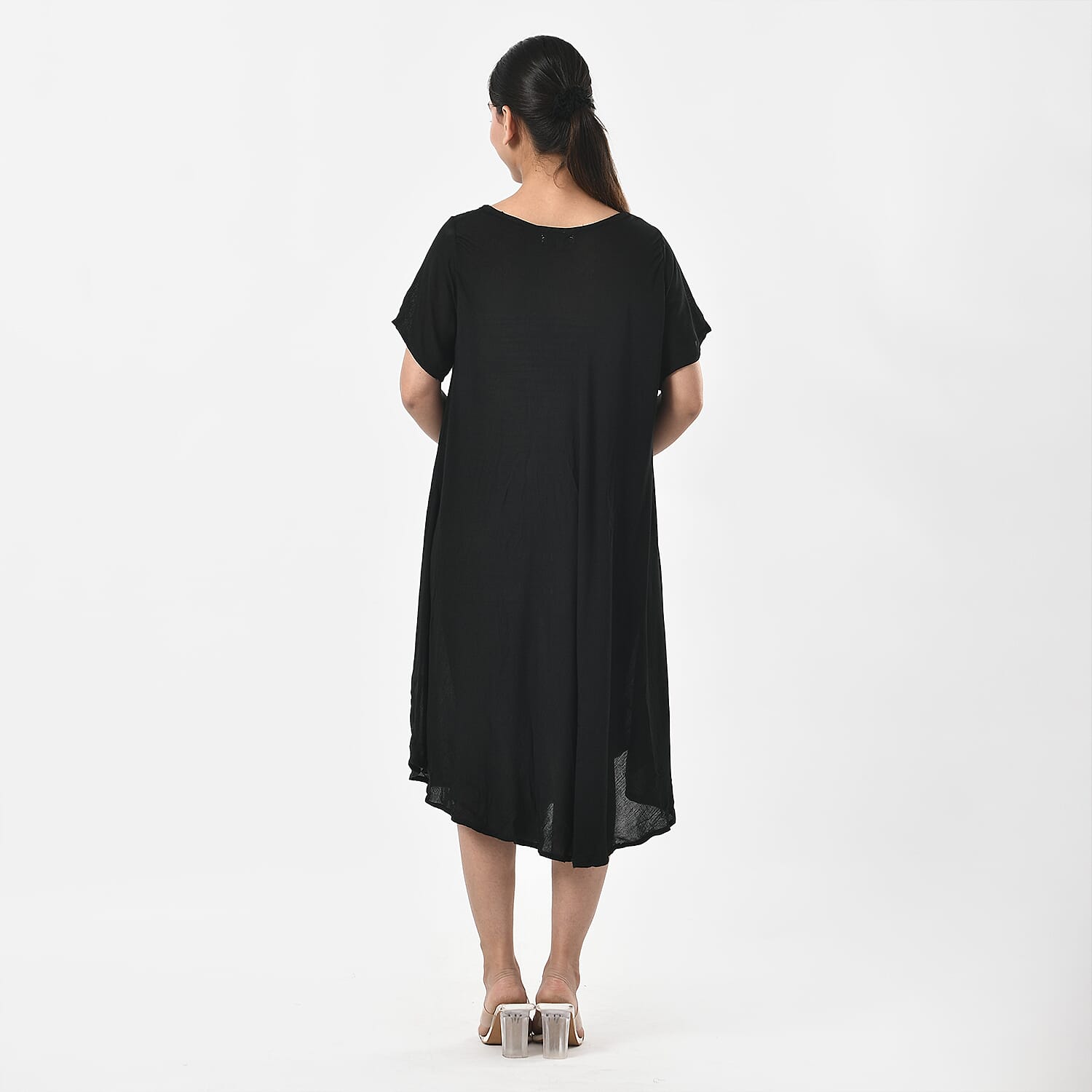 Tamsy Black Embroidered Umbrella Dress with Sleeves and Neck-Tie - One Size Fits Most