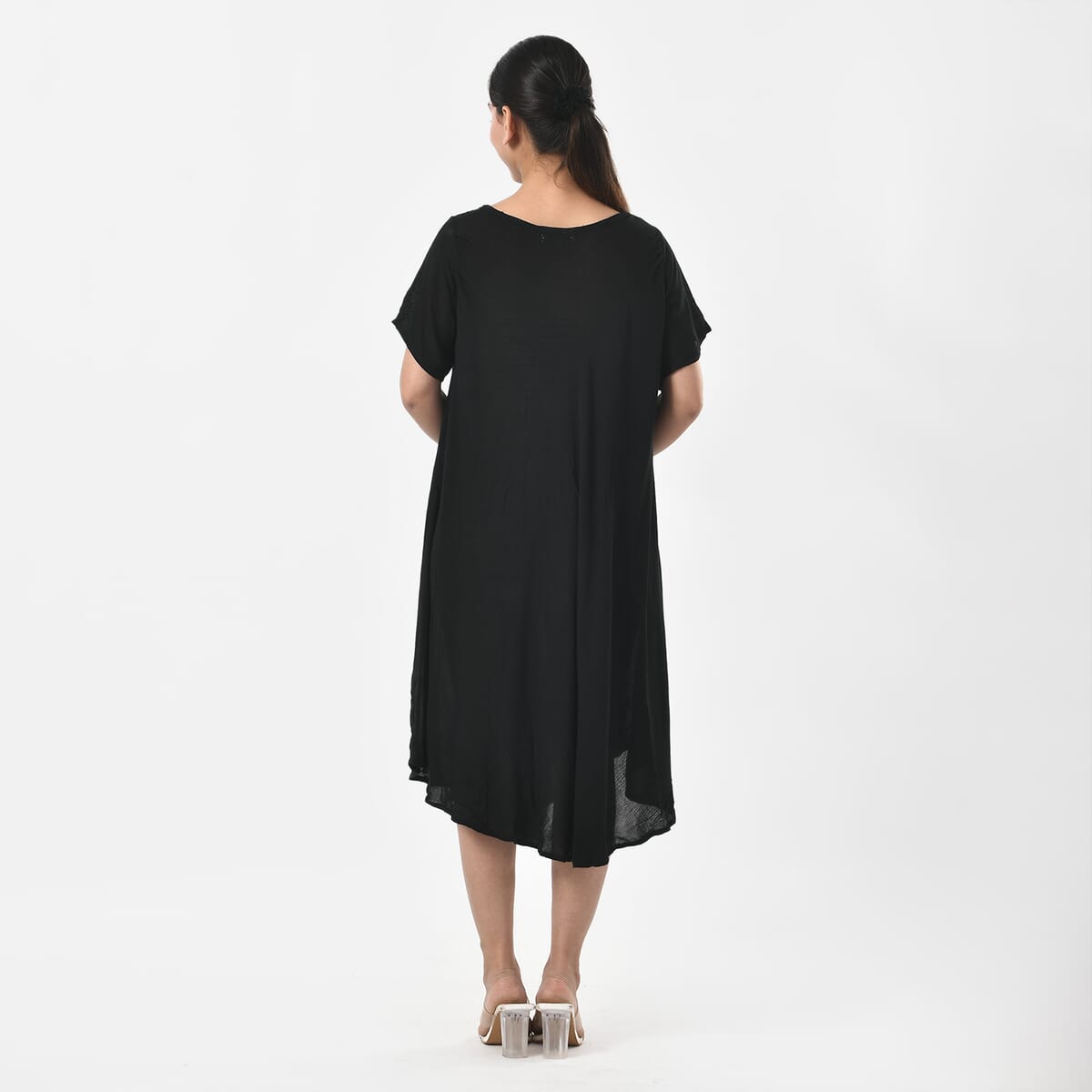 Tamsy Black Embroidered Umbrella Dress with Sleeves and Neck-Tie - One Size Fits Most image number 5