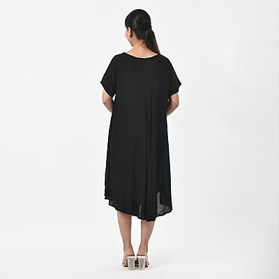 Tamsy Black Embroidered Umbrella Dress with Sleeves and Neck-Tie - One Size Fits Most