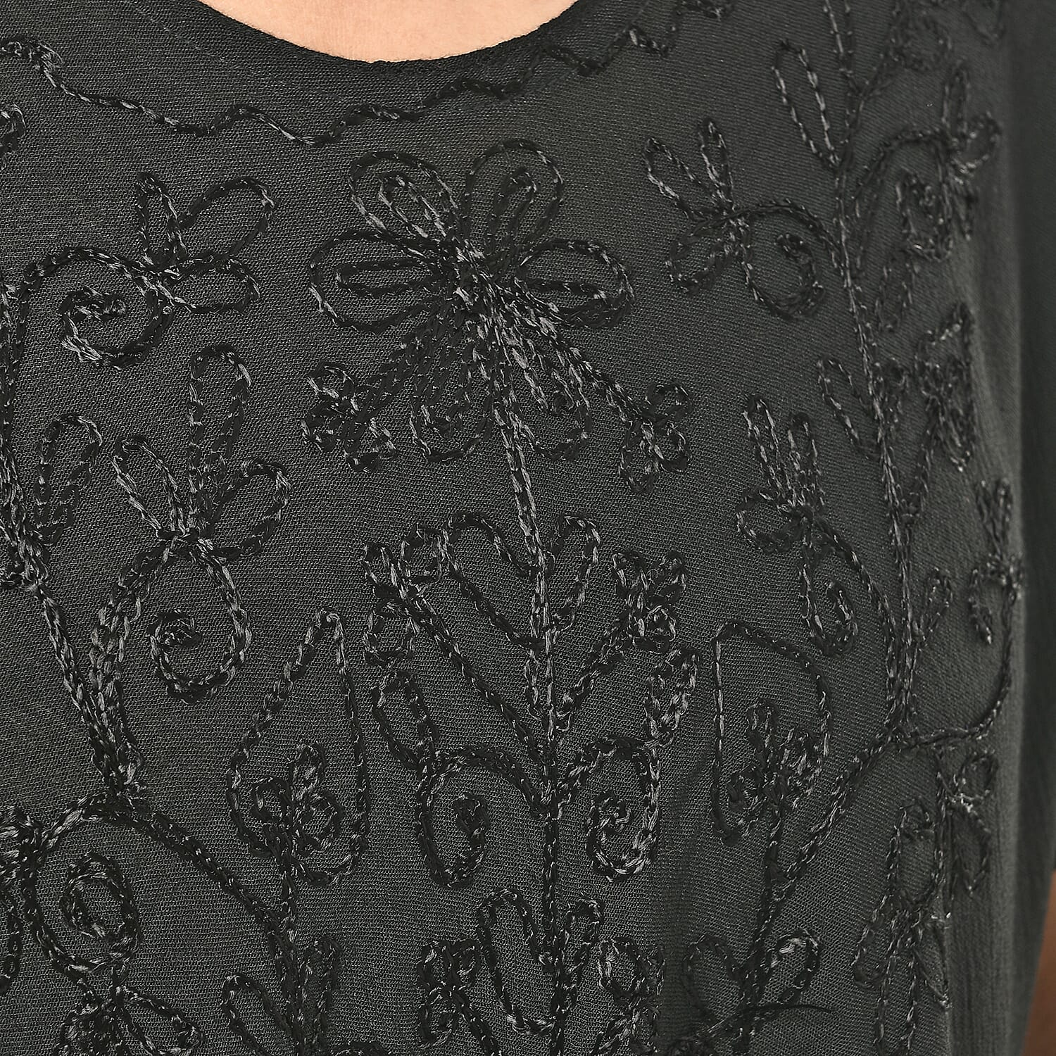 Tamsy Black Embroidered Umbrella Dress with Sleeves and Neck-Tie - One Size Fits Most