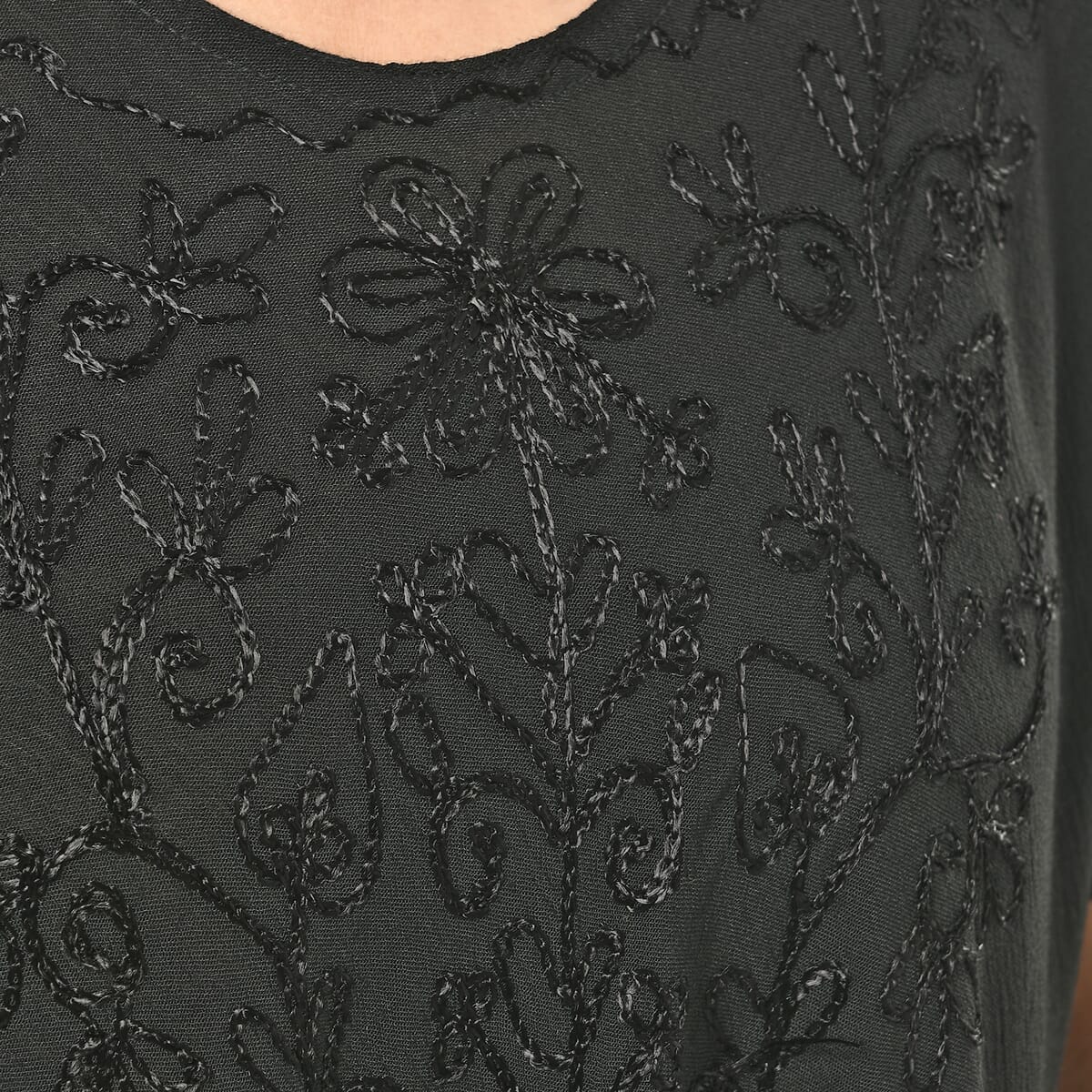 Tamsy Black Embroidered Umbrella Dress with Sleeves and Neck-Tie - One Size Fits Most image number 7