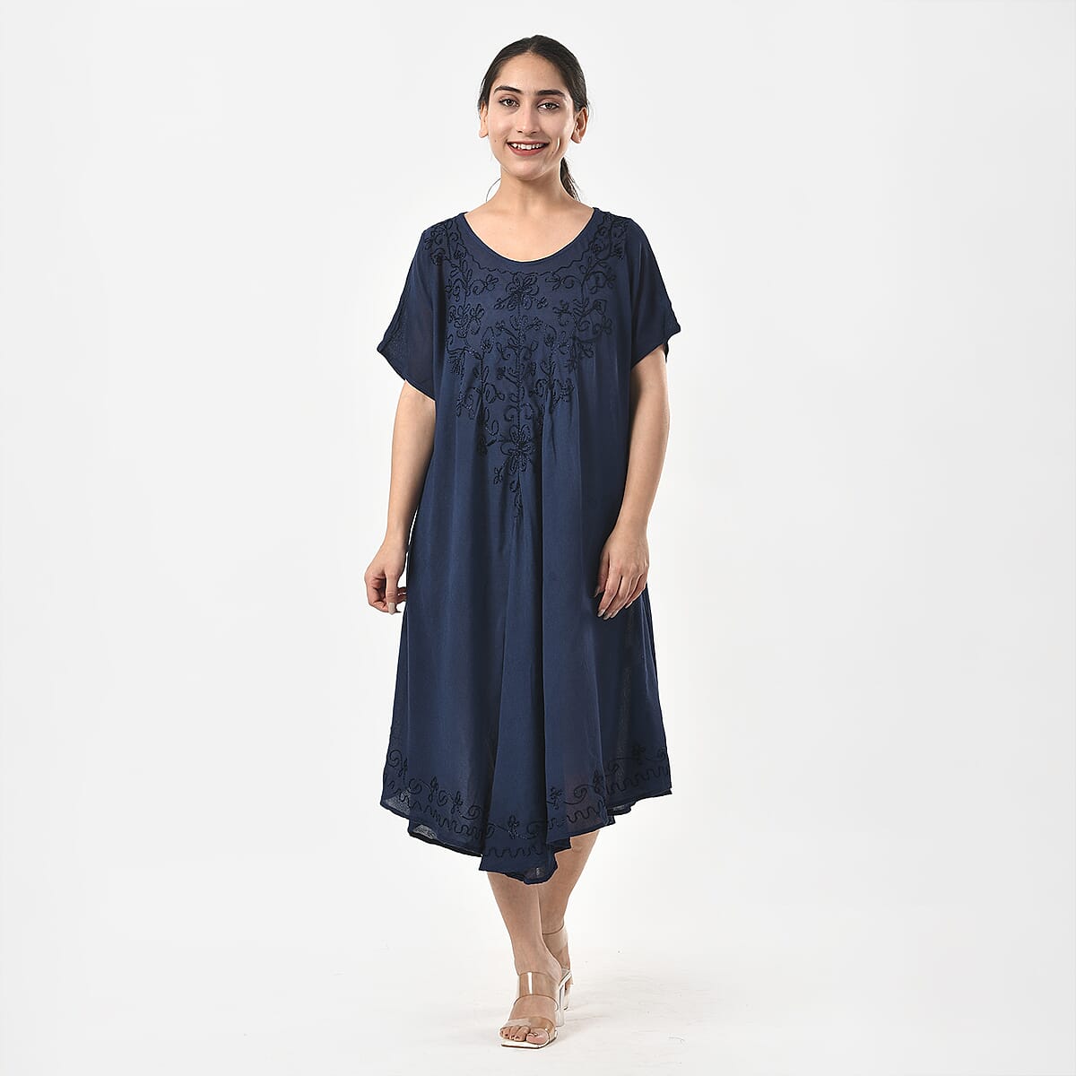 Tamsy Navy Embroidered Umbrella Dress with Sleeves and Neck-Tie - One Size Fits Most image number 0