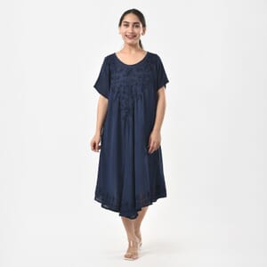 Tamsy Navy Embroidered Umbrella Dress with Sleeves and Neck-Tie - One Size Fits Most